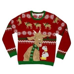 JOLLY SWEATERS Goat drinking Beer Ugly Christmas Sweater Holiday Unisex L Red